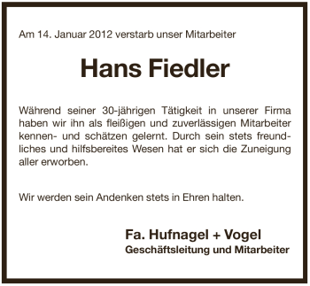 Traueranzeige von Hans Fiedler von Pegnitz-Zeitung